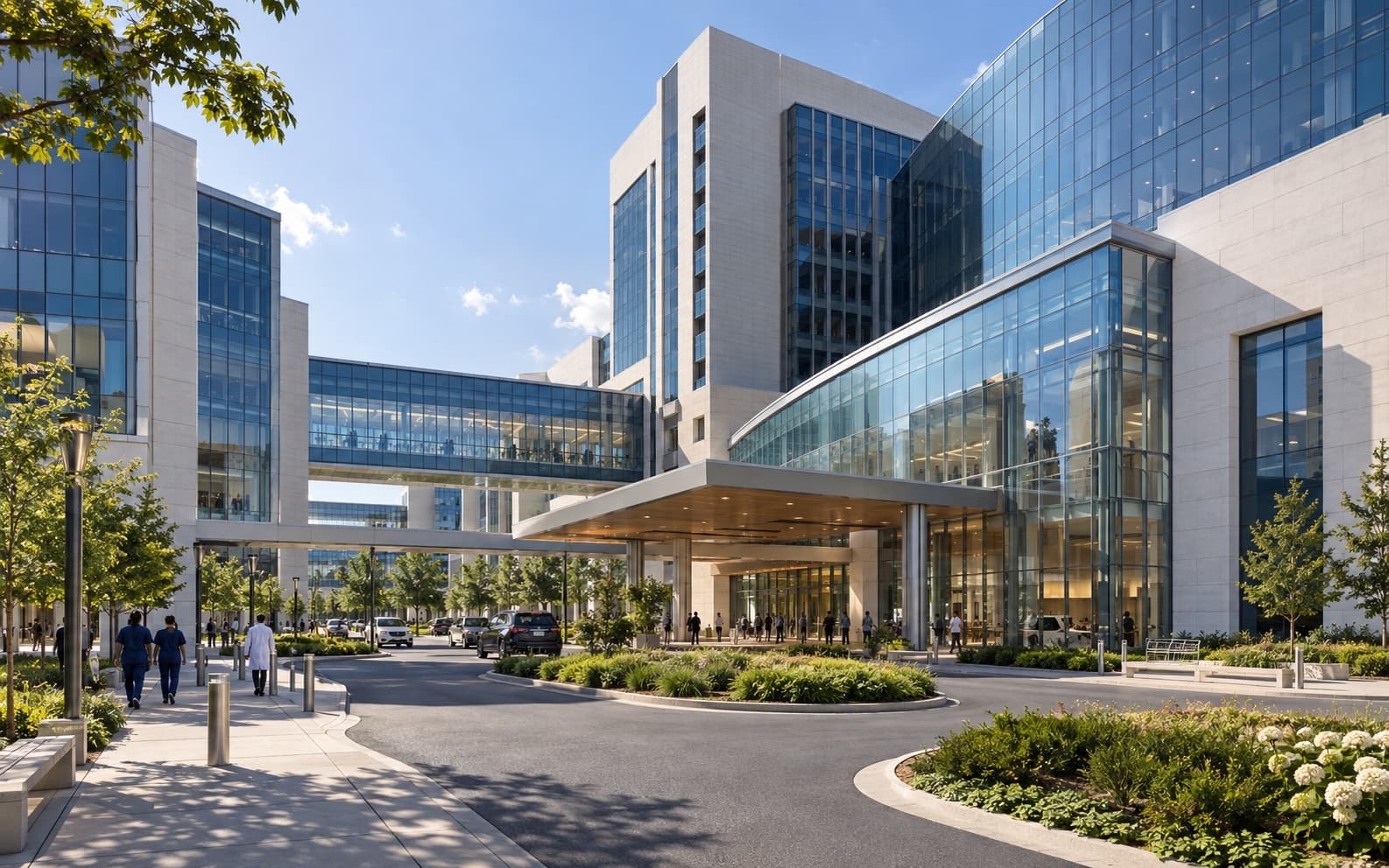 A large modern healthcare campus with connected clinical and administrative buildings.