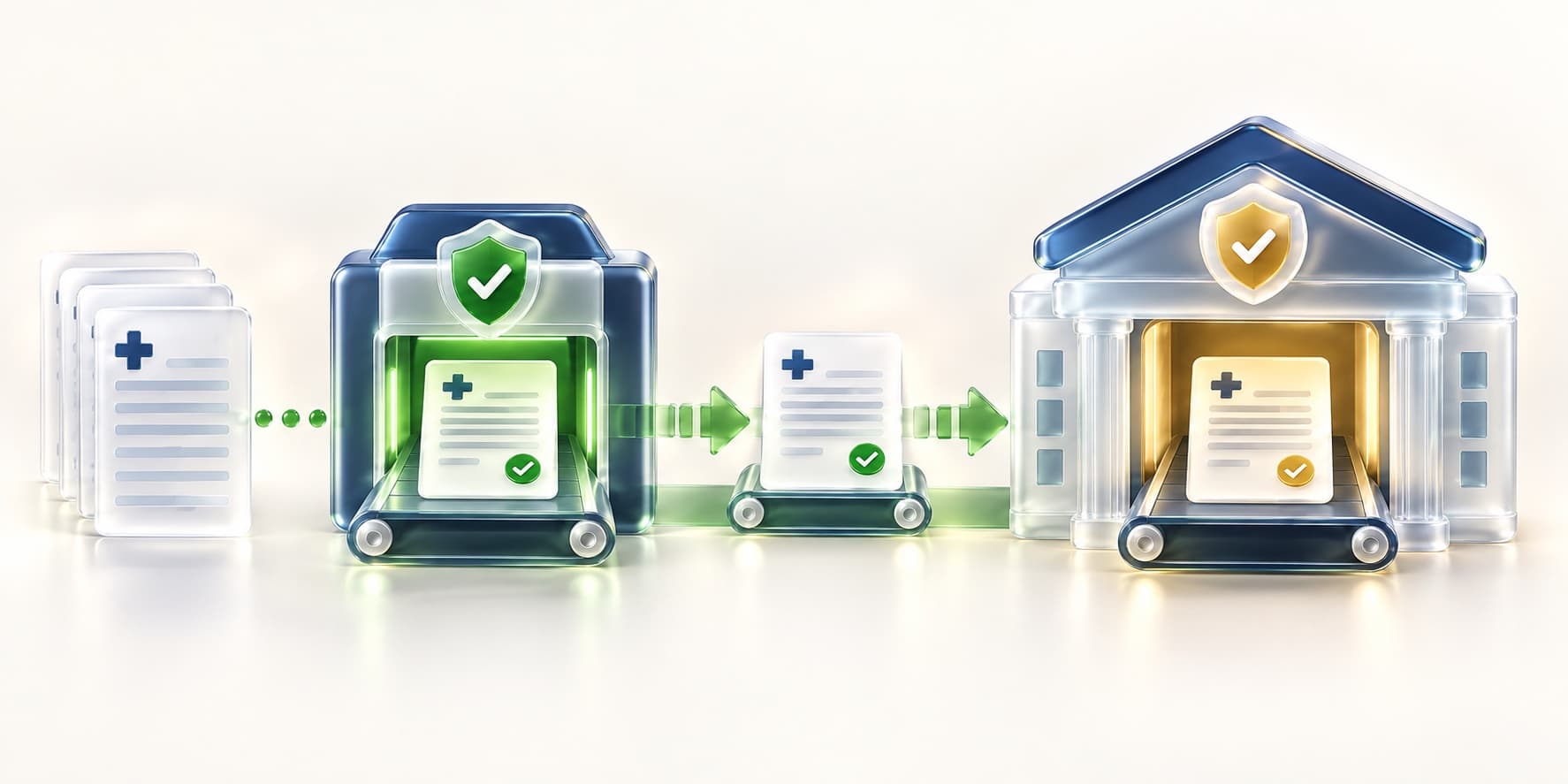 A claim document passing through a clearinghouse validation checkpoint before moving to a separate payer processing checkpoint.