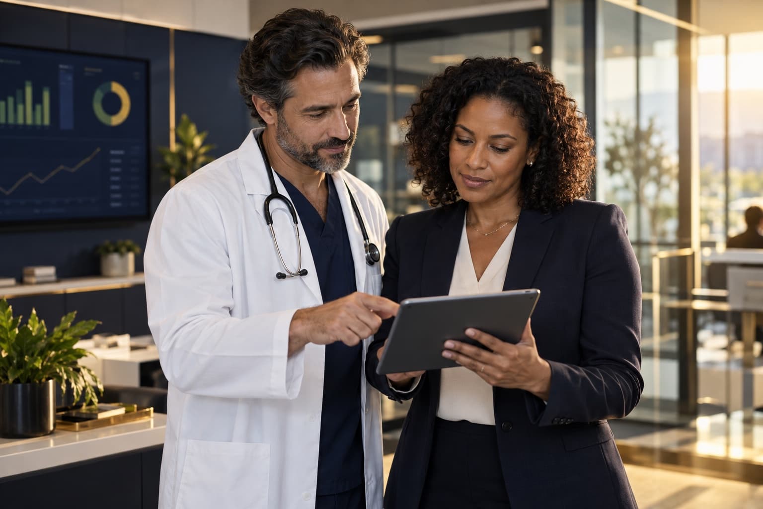 A physician and healthcare finance leader reviewing revenue-cycle information on a tablet.