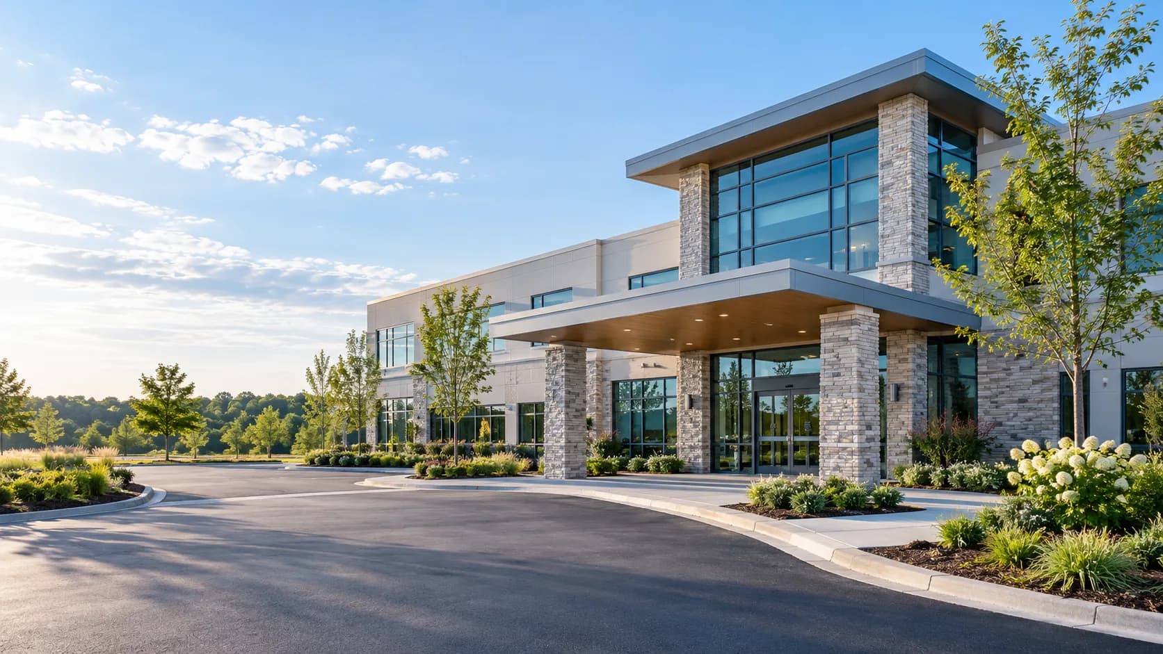 Wide side view of a modern outpatient medical facility