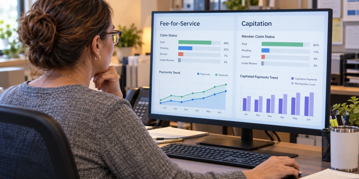 Billing specialist comparing fee-for-service and capitation claims on a collections dashboard