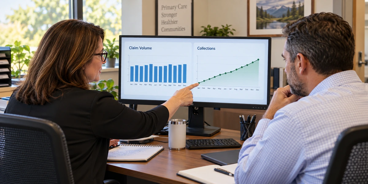 Practice manager and billing analyst reviewing monthly claim volume and collections growth