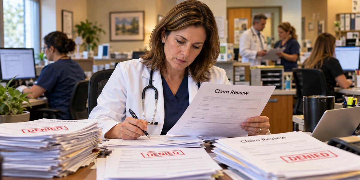 Primary care physician reviewing a stack of denied medical claims before resubmission