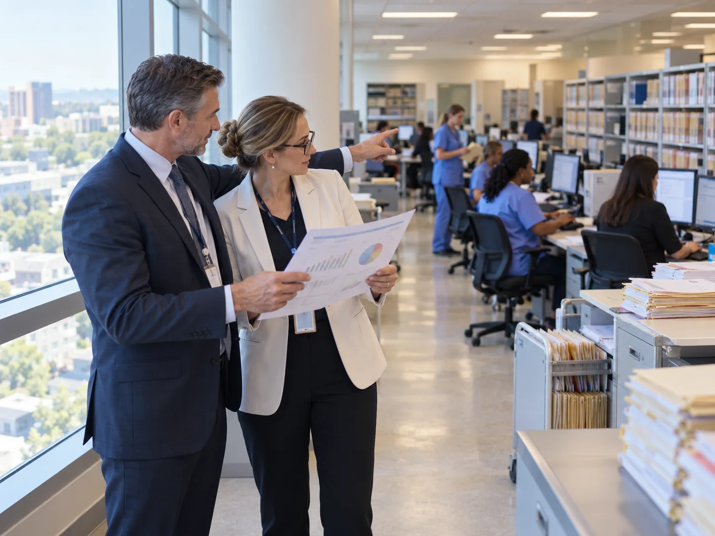 Hospital leader and coding advisor review a quality scorecard in the HIM department