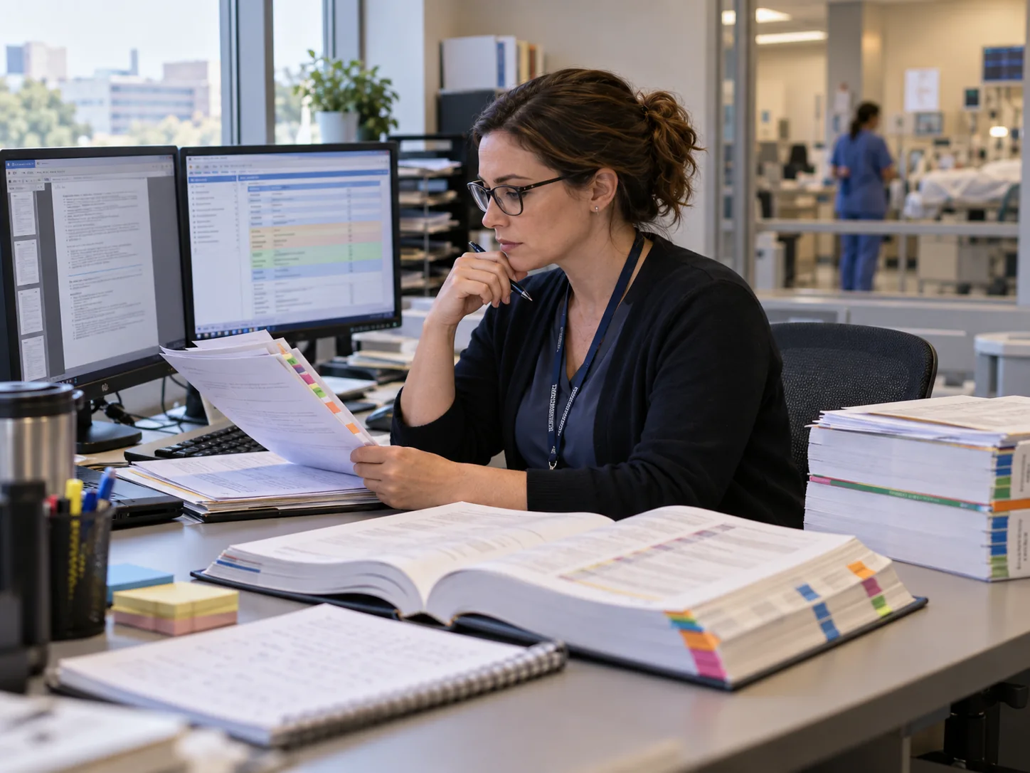 Medical coder reviews de-identified inpatient and outpatient records and coding references