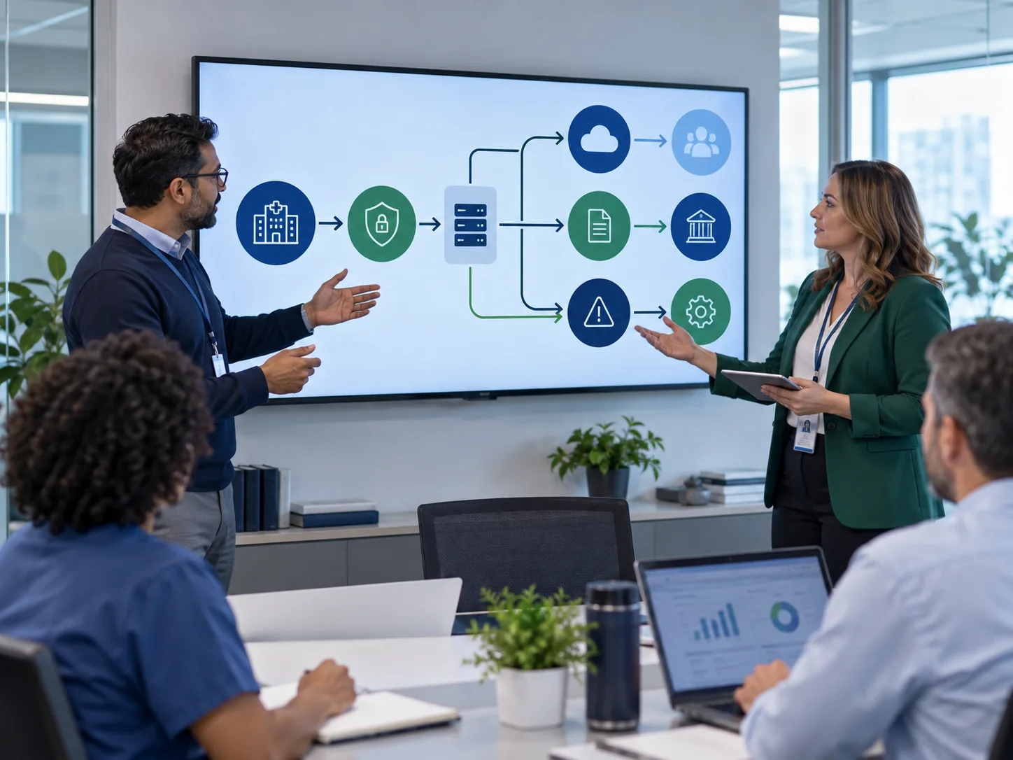 Healthcare leaders and advisor discuss an anonymized coverage workflow during a consultation
