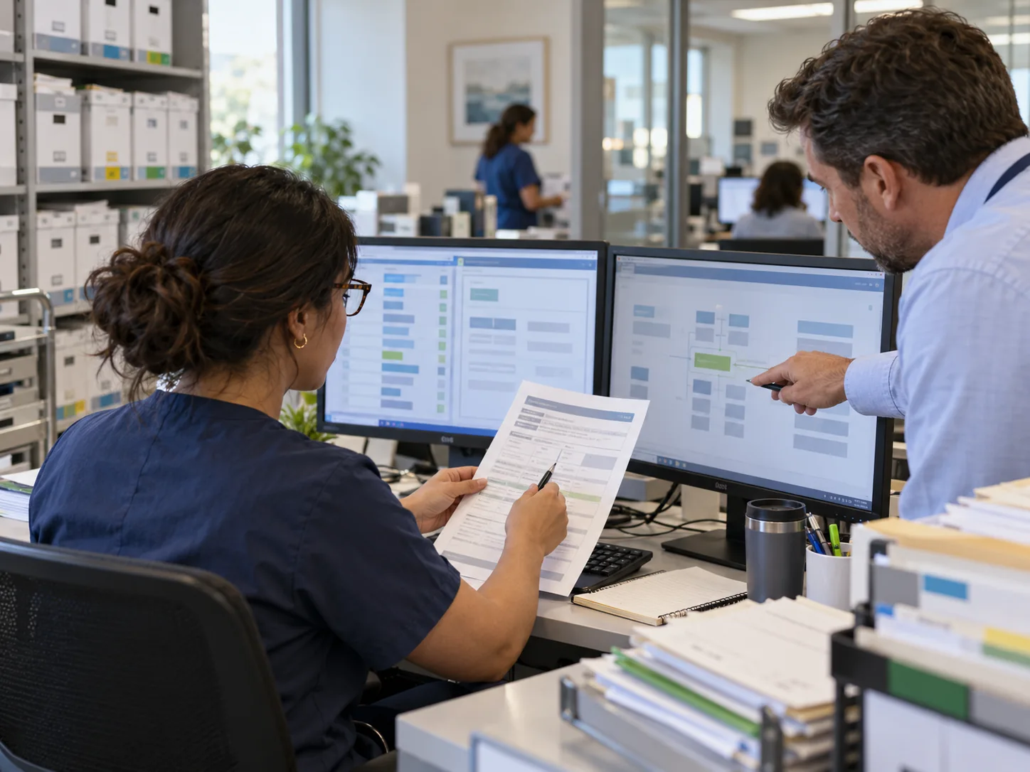 Coverage analyst and colleague compare authorized sources before routing a validated account