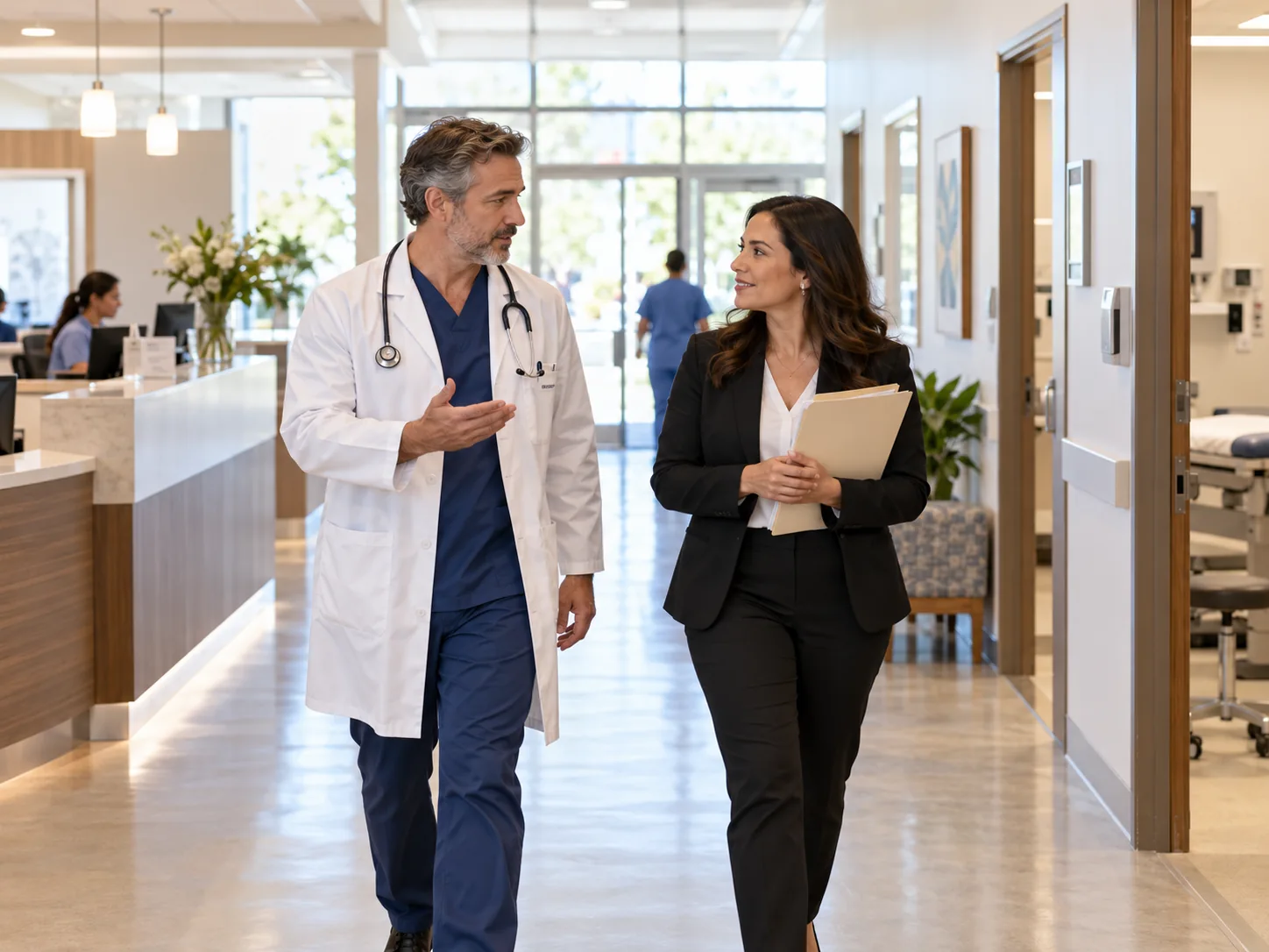 Physician leader and credentialing advisor discuss payer activation while walking through a clinic