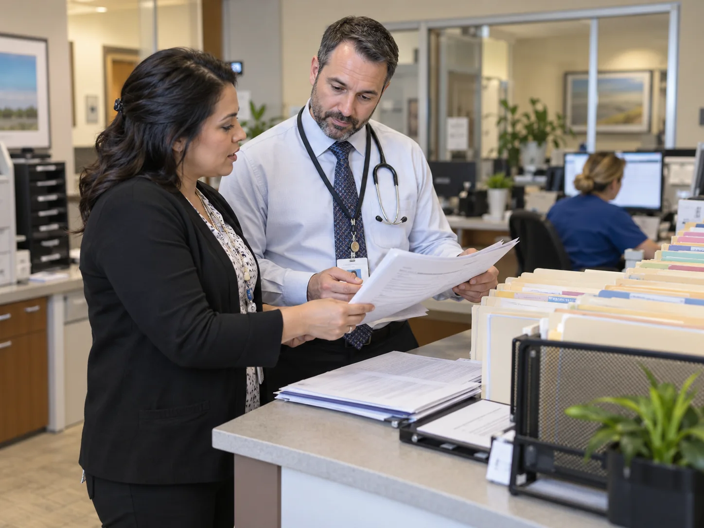 Credentialing specialist and physician administrator review authorized payer applications