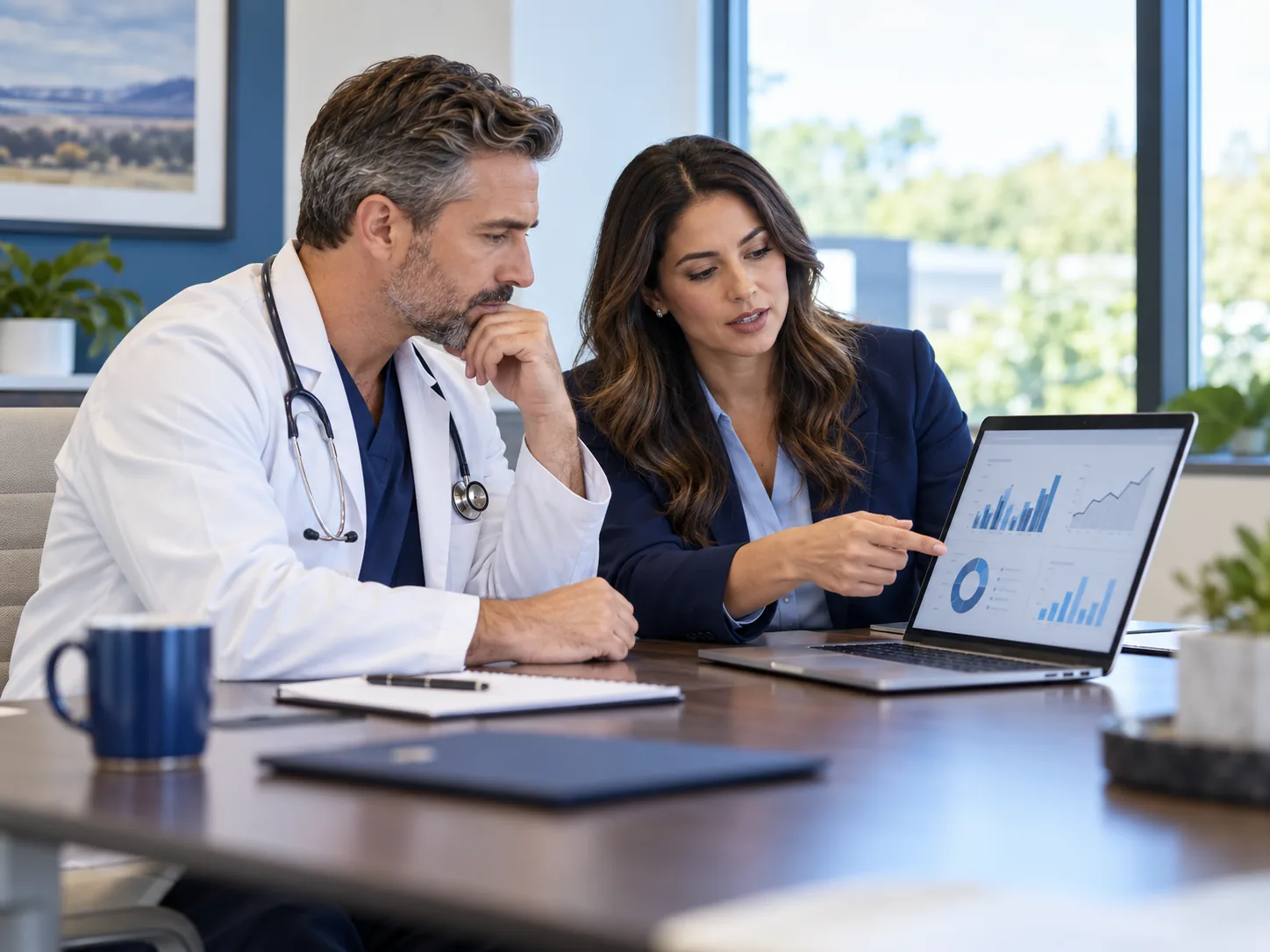 Physician and revenue leader reviewing accounts receivable trends together