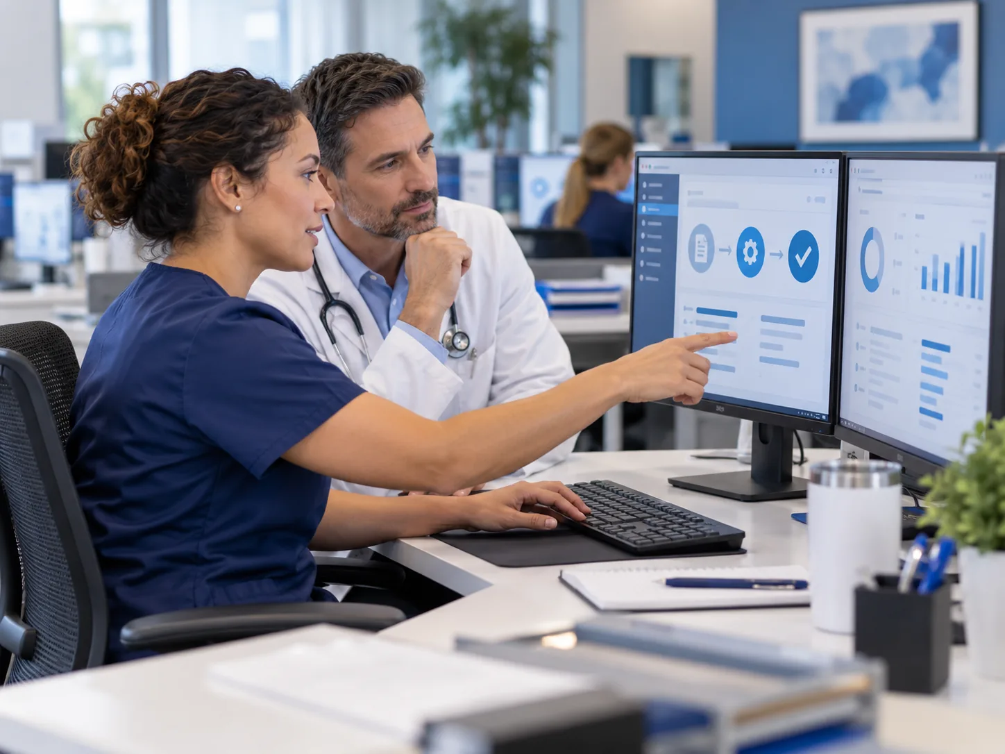 Billing specialist and physician reviewing a professional claim workflow