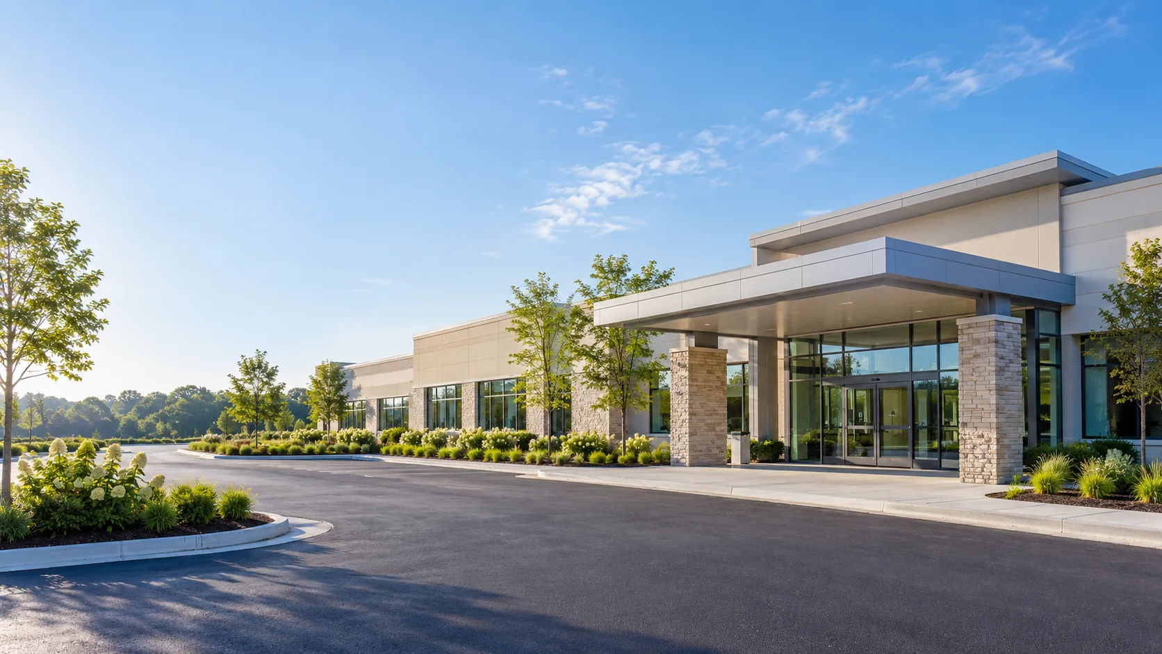 Wide side view of a modern physician group outpatient facility