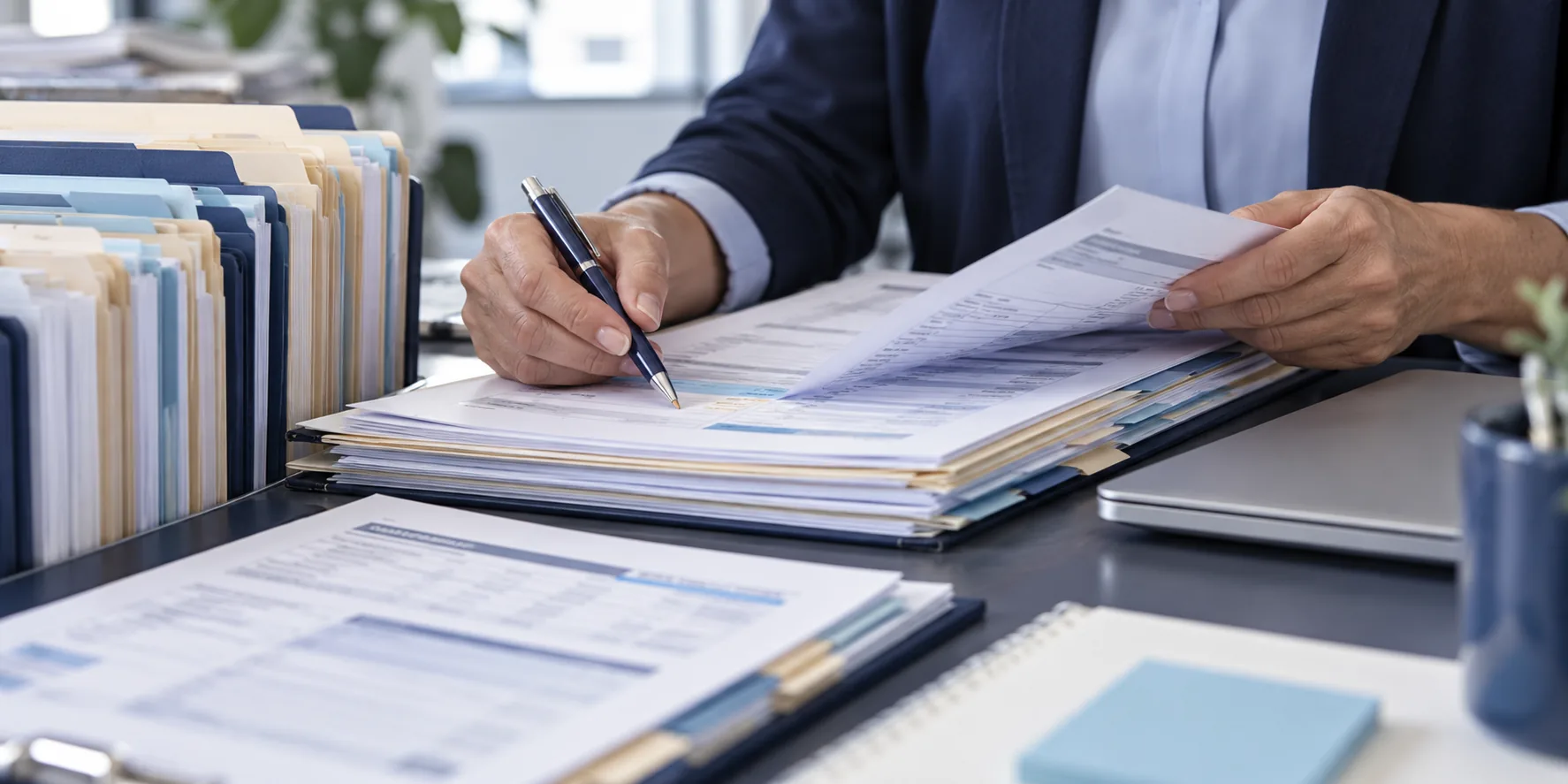 Hands reviewing archived claim folders and remittance records
