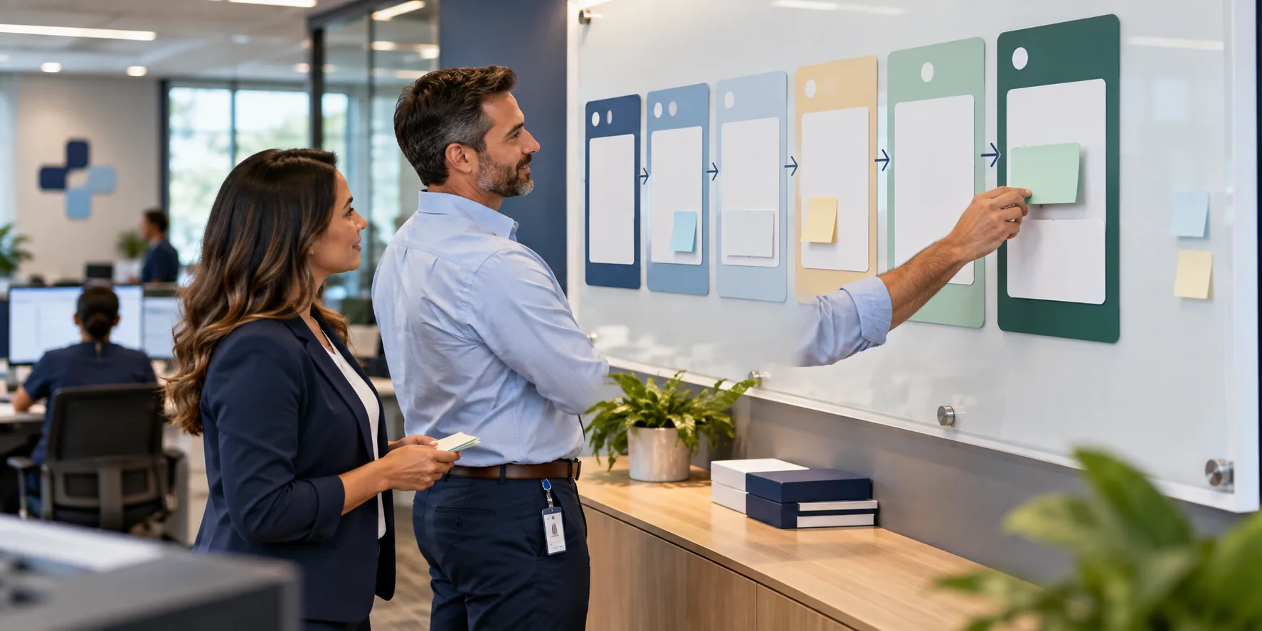 Revenue cycle team moving account work across a recovery planning board