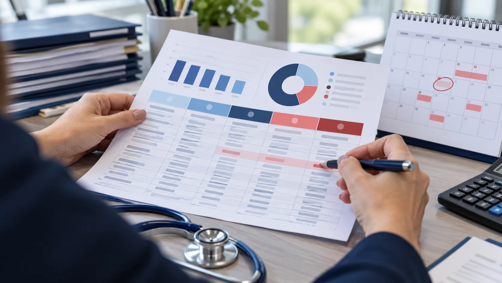 Hands tracing an overdue claim on a de-identified aging report