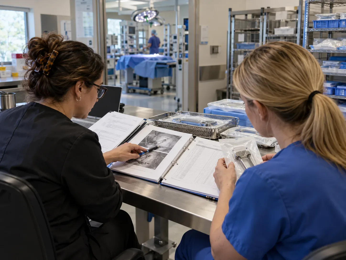 ASC coding and facility billing specialists review operative report, implant log, and device records