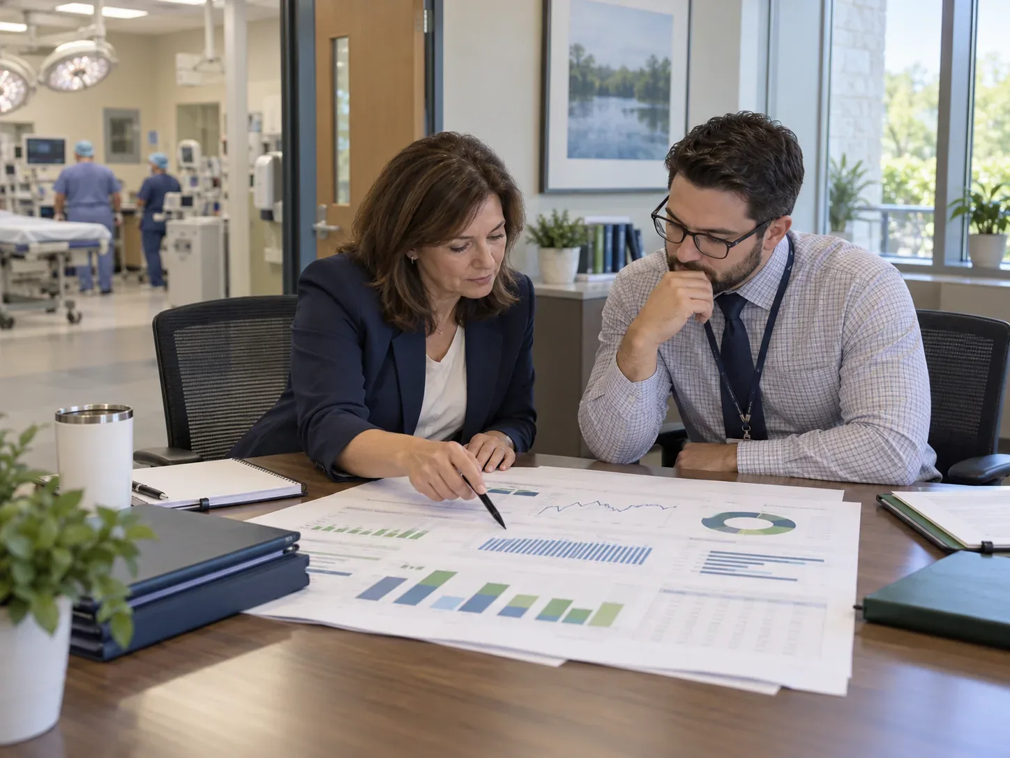 ASC administrator and revenue cycle analyst review claim acceptance, denials, and aging