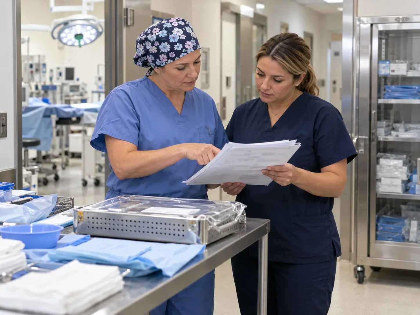 ASC nurse and charge capture coordinator review a completed case and implant record