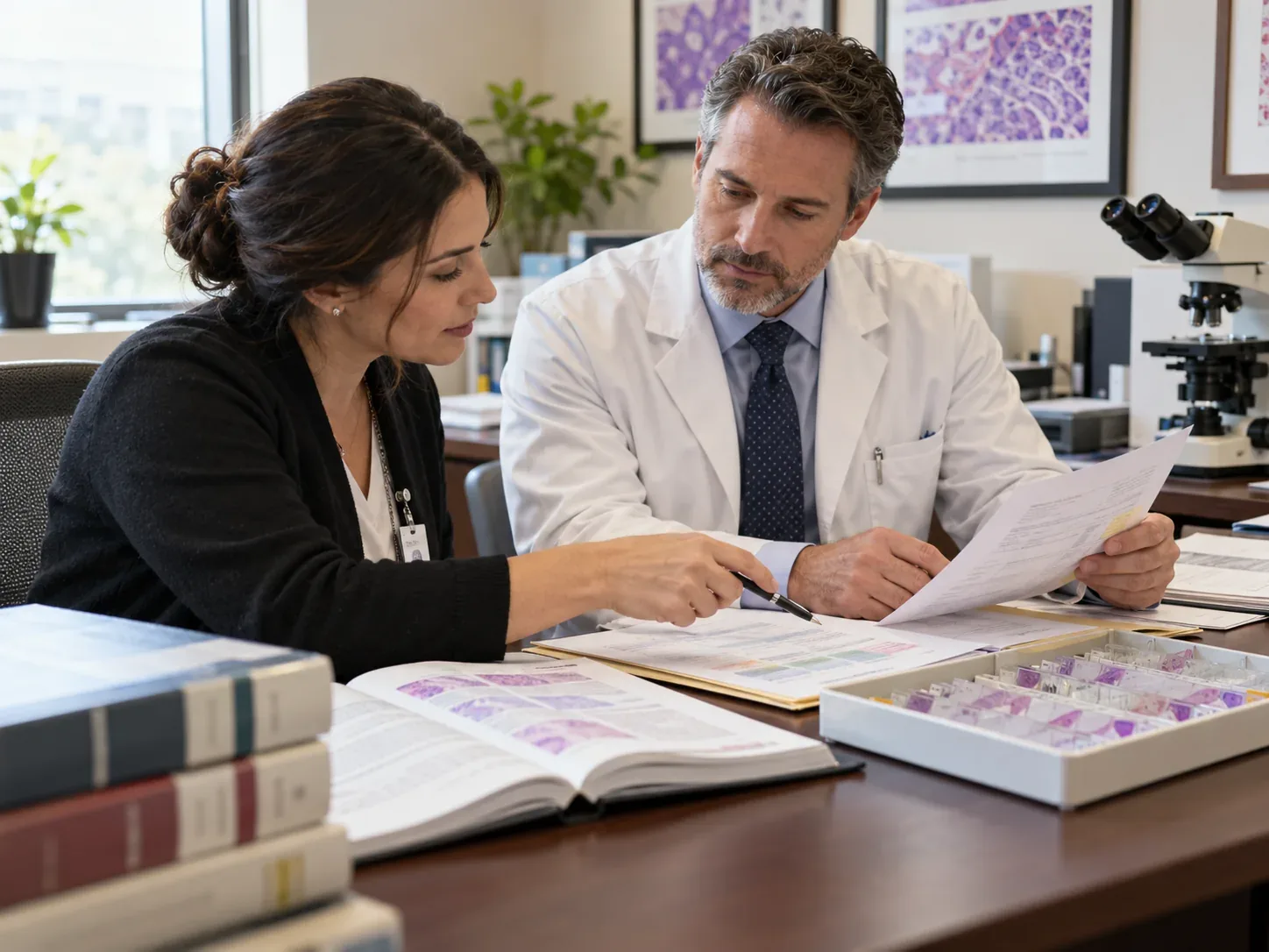Laboratory coding specialist and pathology liaison review order documentation and slide tray