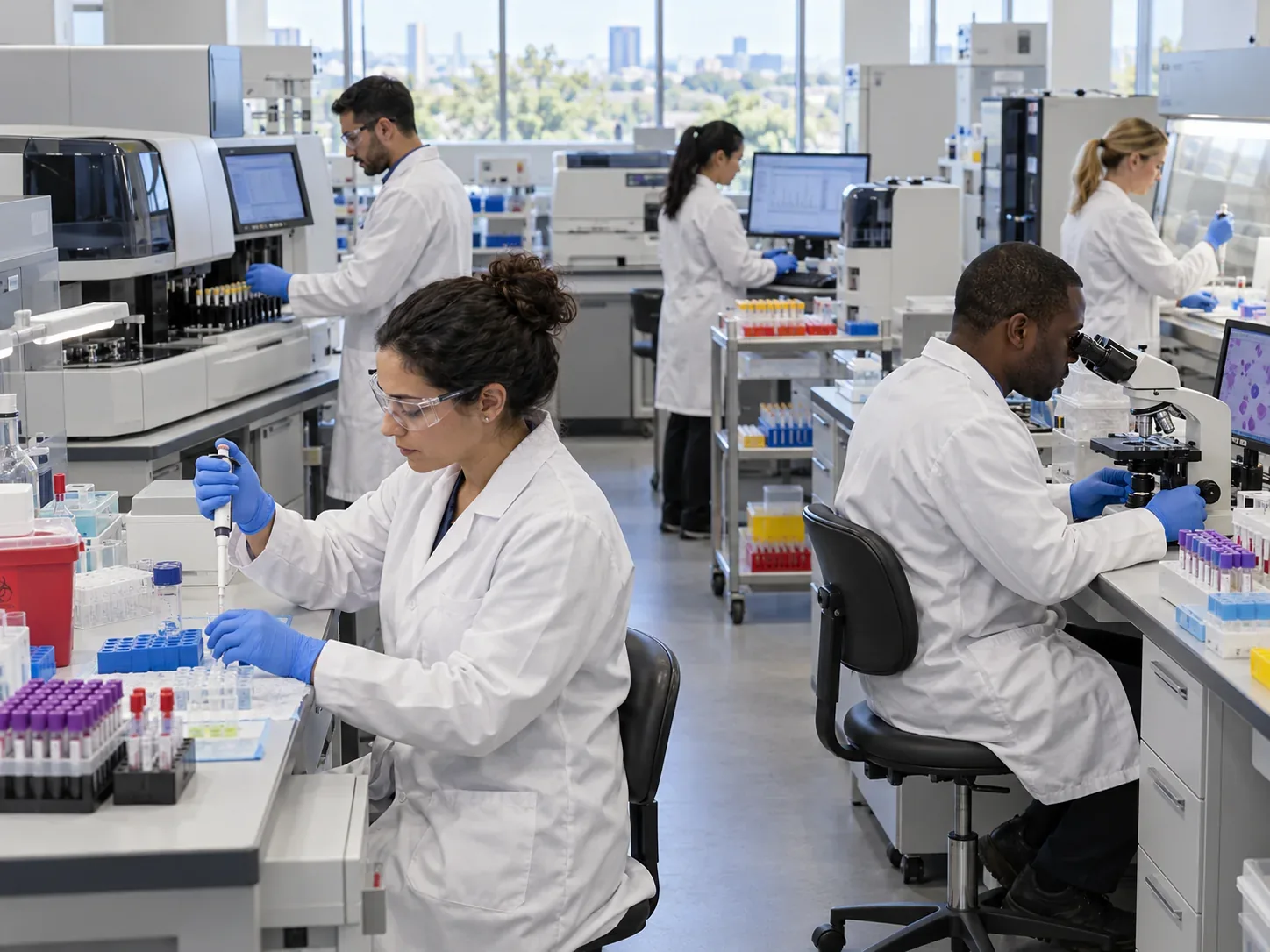 Laboratory professionals process different clinical tests at dedicated stations