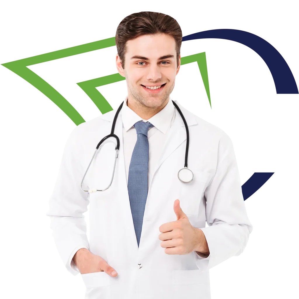 Smiling doctor in white coat and stethoscope giving thumbs up, representing oncology billing services and