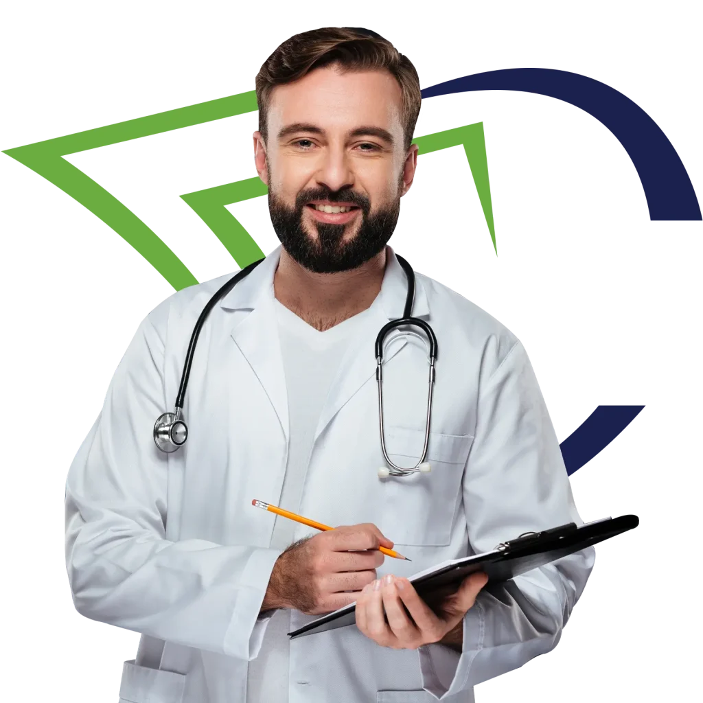 Pathology billing specialist with stethoscope and clipboard, ensuring accurate coding and claim submission for pathology